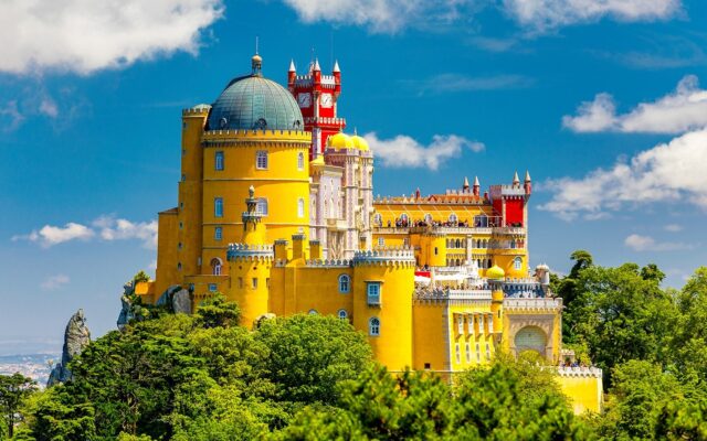 Palace of Pena in Sintra. Lisbon, Portugal. Travel Europe, holidays in Portugal. Panoramic View Of Pena Palace, Sintra, Portugal. Pena National Palace, Sintra, Portugal.